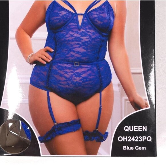Blue Gem Lace Teddy Snap Crotch w/ Garters Plus Size G World Intimates - Picture 7 of 7